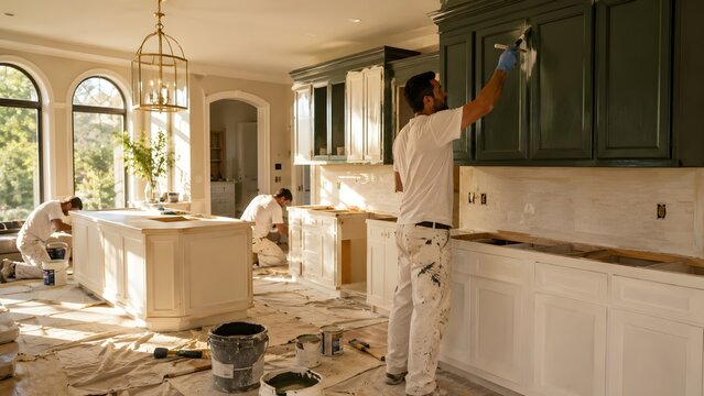 Team of professional painters in white overalls painting kitchen cabinets dark green during a luxury home renovation. Interior remodeling, house improvement, and home decor upgrade project.