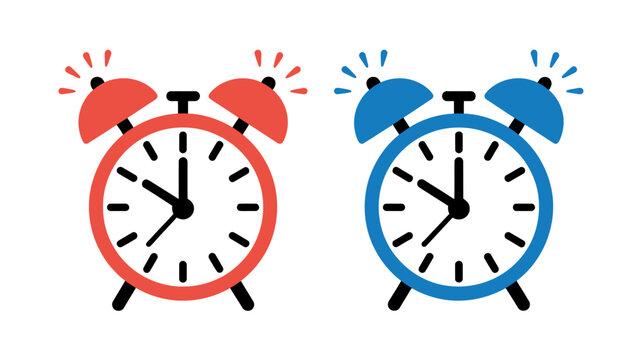 stylized alarm clocks a red and a blue version with radiating lines on a white background