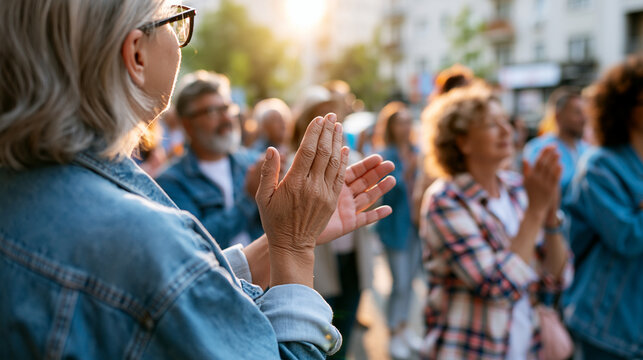A European volunteer group viewed from behind claps in celebration during a bright low angle outdoor donation success event in calm sunny daylight donation celebration faceless