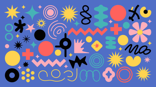 abstract floral and geometric pattern with suns stars and wavy shapes on blue background