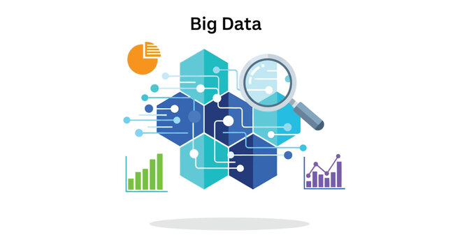 big data illustration with magnifying glass and charts on white