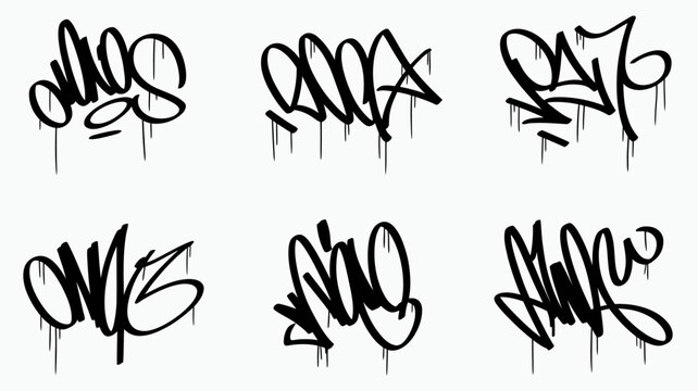 Collection of black graffiti tags with drips isolated on a white background