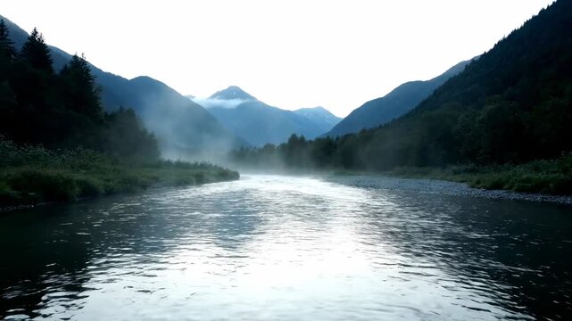 A tranquil river flows through a valley, flanked by lush green forests and misty mountains, under a serene sky