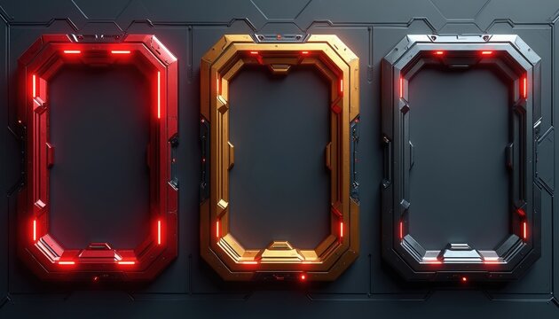 Three futuristic empty frames glow with red light. Frames are metallic, in red, gold, and grey. UI elements and tech borders for digital design.