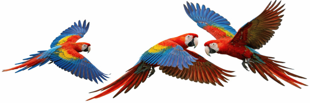 A set of vibrant flying macaw parrots in motion isolated on white background, colorful wings spread wide, exotic bird illustration PNG clipart

