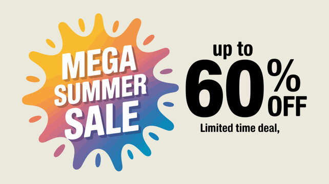 mega summer sale advertisement with sunburst graphic and discount offer on cream background