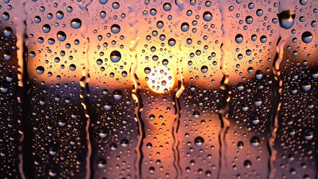 Bright golden hour sunlight through raindrops on a window pane