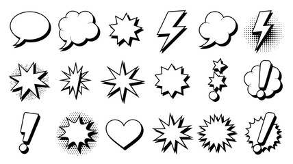 collection of black and white comic book speech bubbles and explosion starburst icons on a white background © Raian