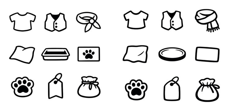 clothing and pet accessories concept icons with shirt, paw, bag for marketing material in minimal outline style