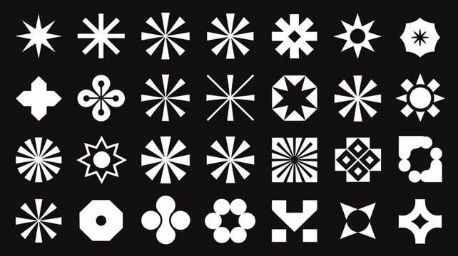 Collection of abstract geometric shapes and starbursts white silhouettes on black background