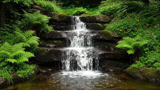 A tranquil tiered waterfall flows through lush greenery, mossy rocks and ferns