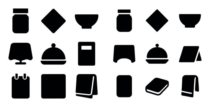 Hospitality and dining design icons with cloche, napkin and bowl for restaurant branding in solid silhouette style