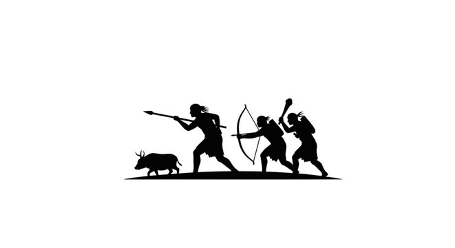 Hunters with spear and bow chasing boar.