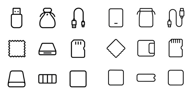 Technology and storage design icons with usb, sd card and charger cable for web interface design in minimal outline style