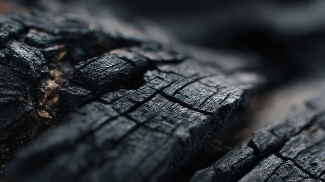 Charred black wood texture with cracked bark and carbonized timber surface in dark minimal design. Abstract burnt charcoal background with rough grain and copy space for creative layouts