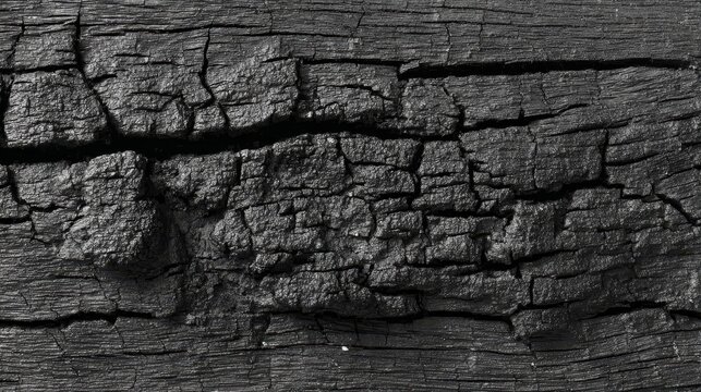 Charred black wood texture with cracked bark and carbonized timber surface in dark minimal design. Abstract burnt charcoal background with rough grain and copy space for creative layouts