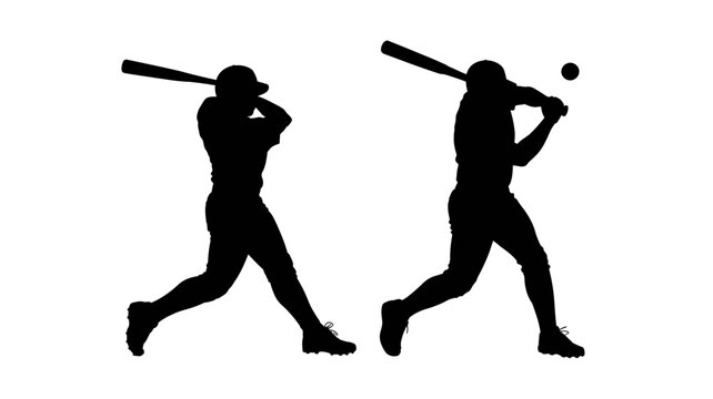 baseball player silhouettes hitting ball dynamic action pose on white background