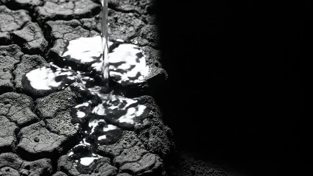 Water pouring onto cracked dry earth. Liquid filling fissures in parched ground. Environmental drought relief concept with hydration process on arid soil surface