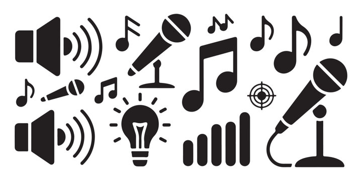 Music and sound related icons with sound waves, microphones, notes and speakers.