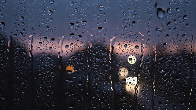 Night city rain droplets on window with blurred street lights