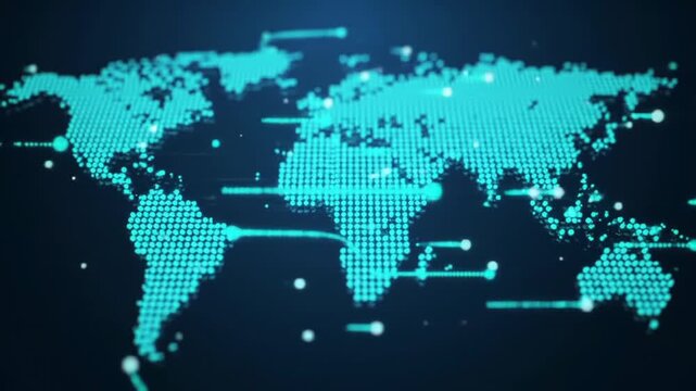 World map displays a digital network of glowing nodes and connection lines representing global communication and data flow.