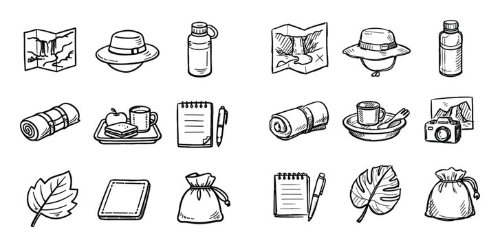 Travel and camping concept icons with map, hat and notebook for branding design in hand drawn style