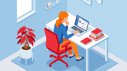 Fototapeta premium A diligent woman with red hair works productively on her laptop at a clean white desk in a modern isometric home office environment.