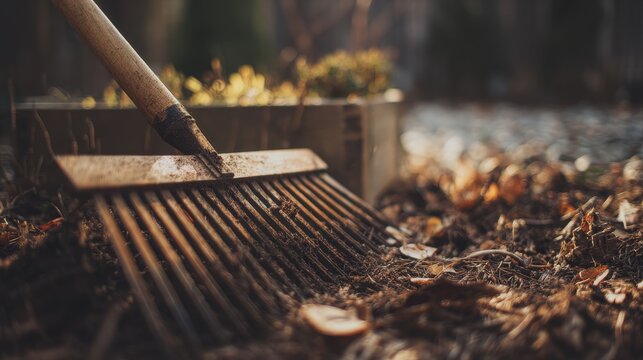 Garden rake working tool placed in green backyard soil with natural outdoor texture. Metal gardening equipment for landscaping, farming, yard maintenance and seasonal planting work.