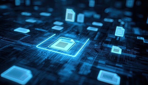 Digital documents floating in a glowing blue data network