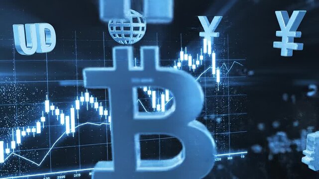 Cryptocurrency symbol and digital currency icons floating over glowing financial chart with candlestick patterns, representing market trends, data analysis, and financial market digital currency