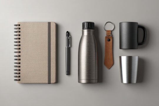 Flat lay of corporate merchandise and office supplies on a solid grey background