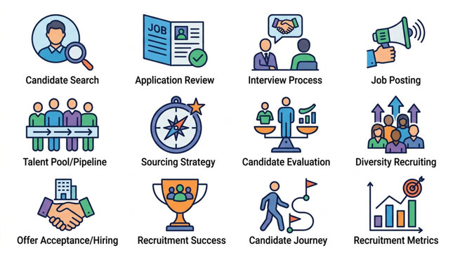 Human Resources and Recruitment Process Icons Set.