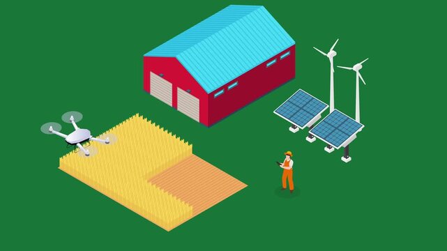 Isometric Smart Farm Animation with Wind Turbines, Solar Panels, and Agricultural Drone 3d animation cartoon