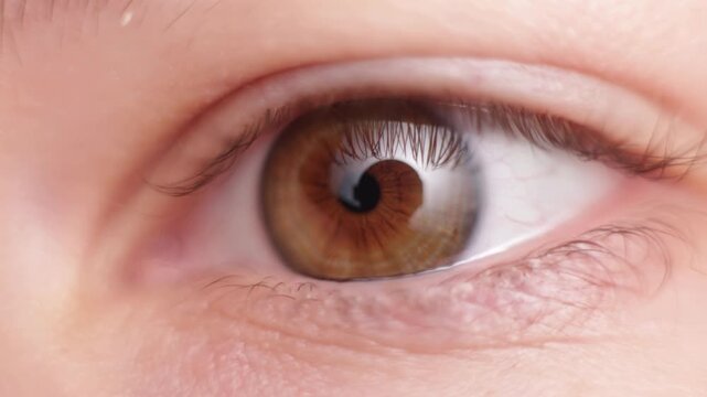 Extreme close-up of a human eye with brown iris and detailed skin texture