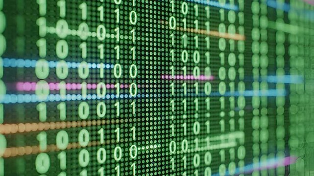 Digital Binary Code Flowing on a Green Screen Display.