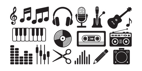 Set of musical instruments and audio production equipment icons in flat black solid vector style. © Sumon