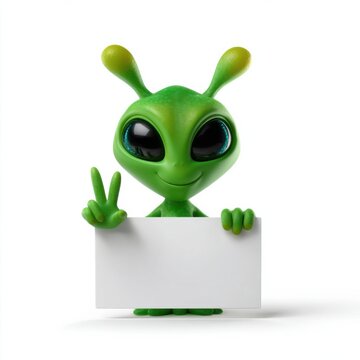 Green alien cartoon 3d character holding blank white sign
