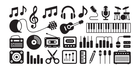 Musical and audio equipment icons set including instruments and recording tools in vector format. © Sumon