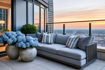 Fototapeta premium Luxury penthouse terrace with comfortable sofa and city sunset