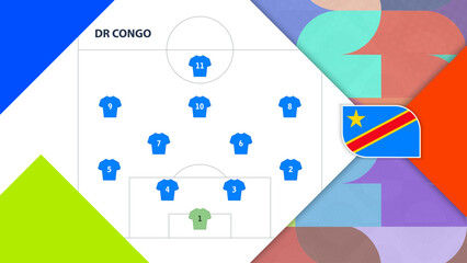 DR Congo National Football Team Strategy Infographic with Pitch Lineup and Flag. © boldg