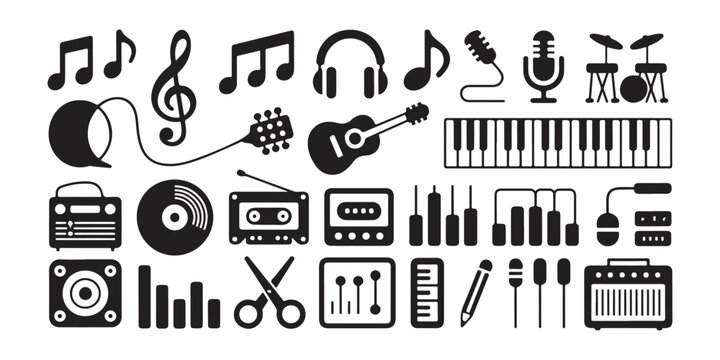 Large collection of musical and audio recording icons in flat black solid vector graphic style.