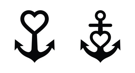 Two black anchor silhouettes with heart shaped tops on a white background silhouette © Gahima