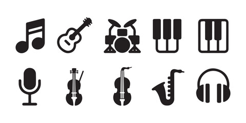 Music instrument vector icon set including guitar, drums, piano, violin, and headphones. © Sumon