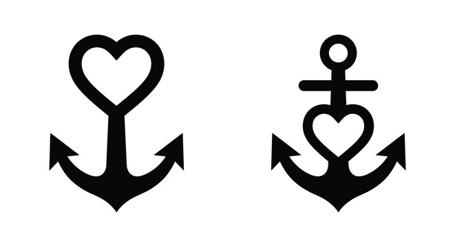 Two black anchor silhouettes with heart shaped tops on a white background silhouette