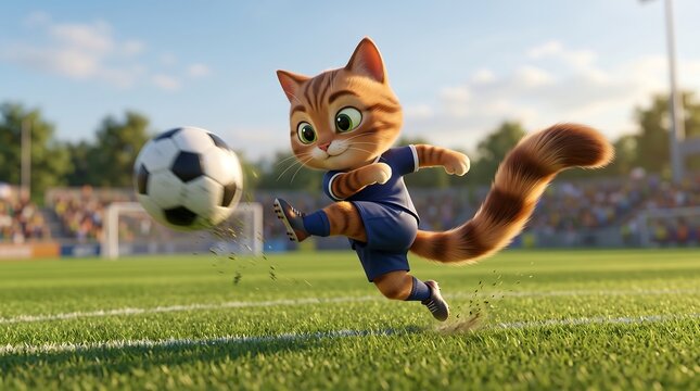 A playful 3D cat illustration kicking a soccer ball on a green field