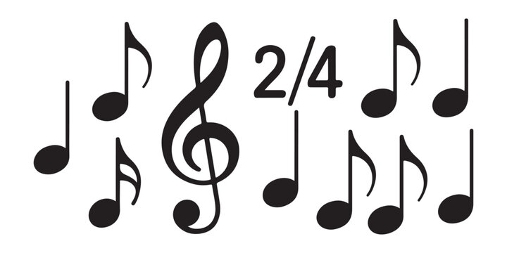 Musical notes and treble clef with time signature on transparent background vector.