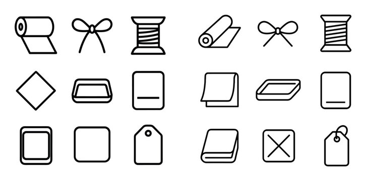 sewing and tailoring design icons with ribbon, thread and tag for mobile app design in outline style