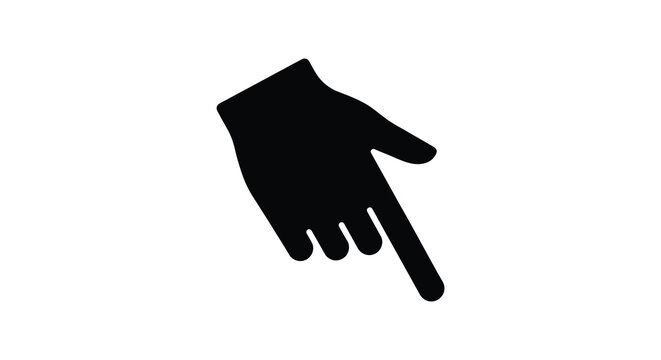 Black hand pointing down silhouette against a white background silhouette