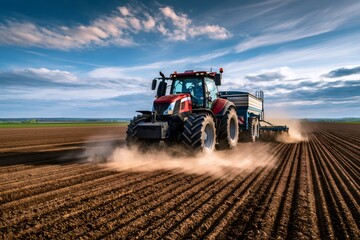 Fototapeta premium Modern tractor sowing seed on plowed farm field
