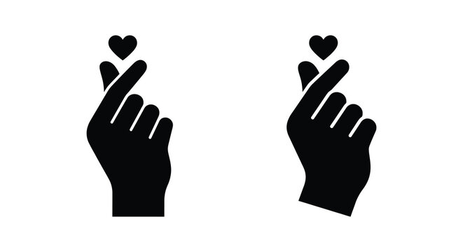 Two black silhouette hand heart gestures on a white background silhouette